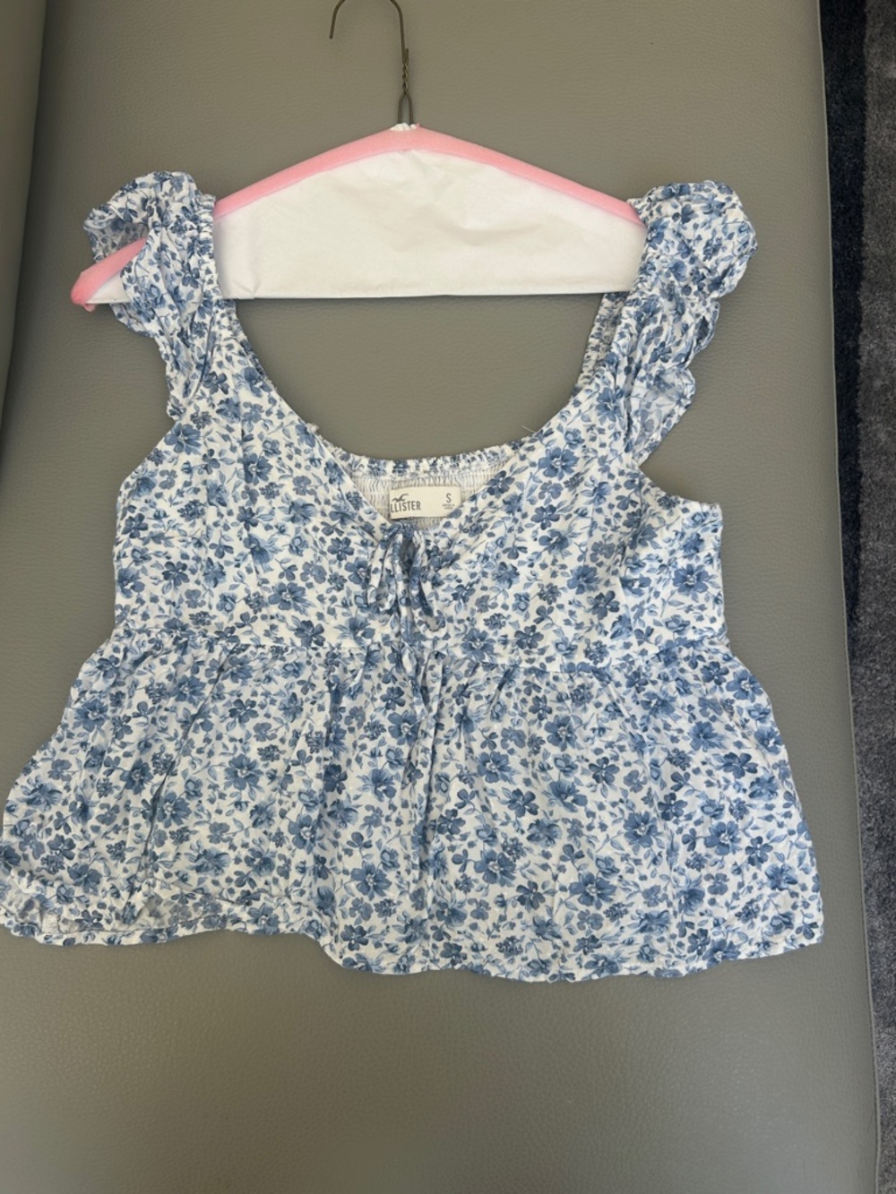 Hollister White Tank with Blue Floral Ruffle Straps